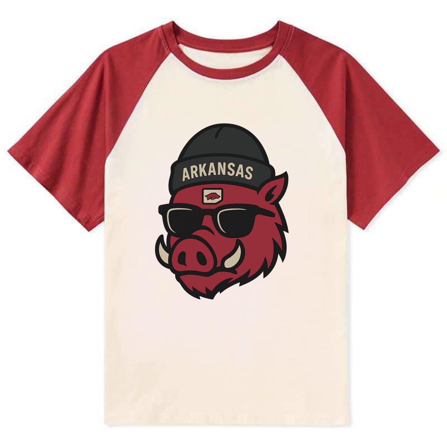 Fayetteville Razorback wearing Arkansas beanie with hog patch - Contrast Raglan T-shirt - Red