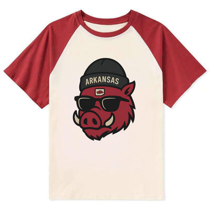 Fayetteville Razorback wearing Arkansas beanie with hog patch - Contrast Raglan T-shirt - Red