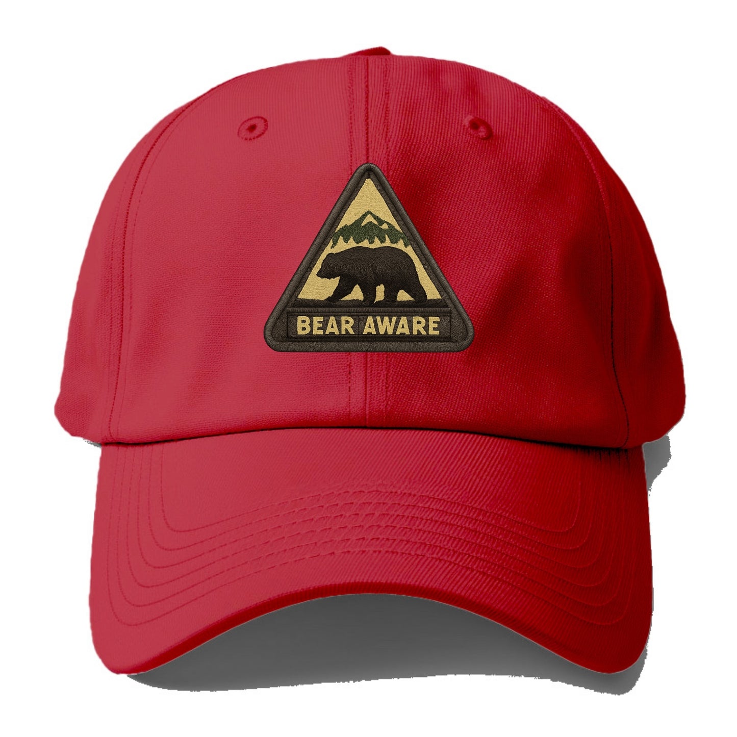BEAR AWARE - bear silhouette warning in brown and yellow , wilderness safety - Baseball Cap - Red