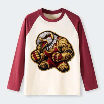 Embroidered patch design - WRESTLING EAGLE - fierce eagle with - Raglan Long Sleeve T-Shirt - Red