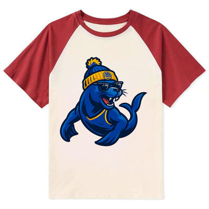 Bay Area Sea Lion wearing Warriors blue and gold beanie with Golden Gate - Contrast Raglan T-shirt - Red