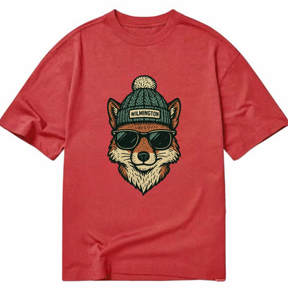Delaware Gray Fox wearing Wilmington beanie with pom pom and wayfarer sunglasses - Classic T-shirt - Red