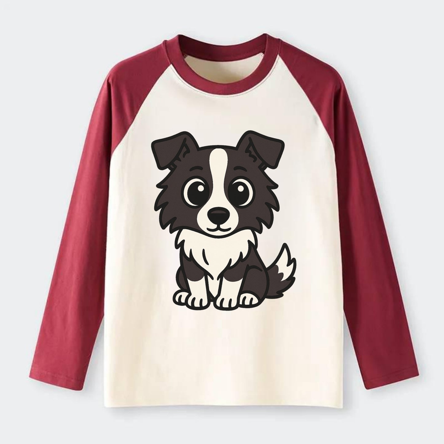 Border Collie - Intense stare sitting pose - Raglan Long Sleeve T-Shirt - Red