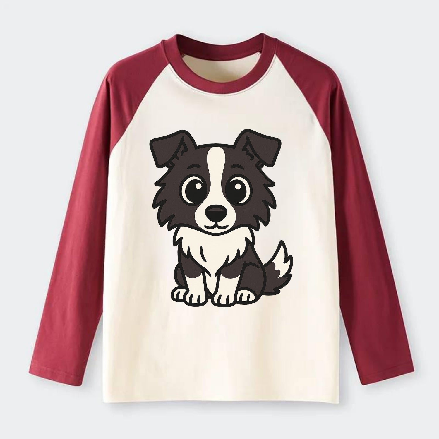 Border Collie - Intense stare sitting pose - Raglan Long Sleeve T-Shirt - Red