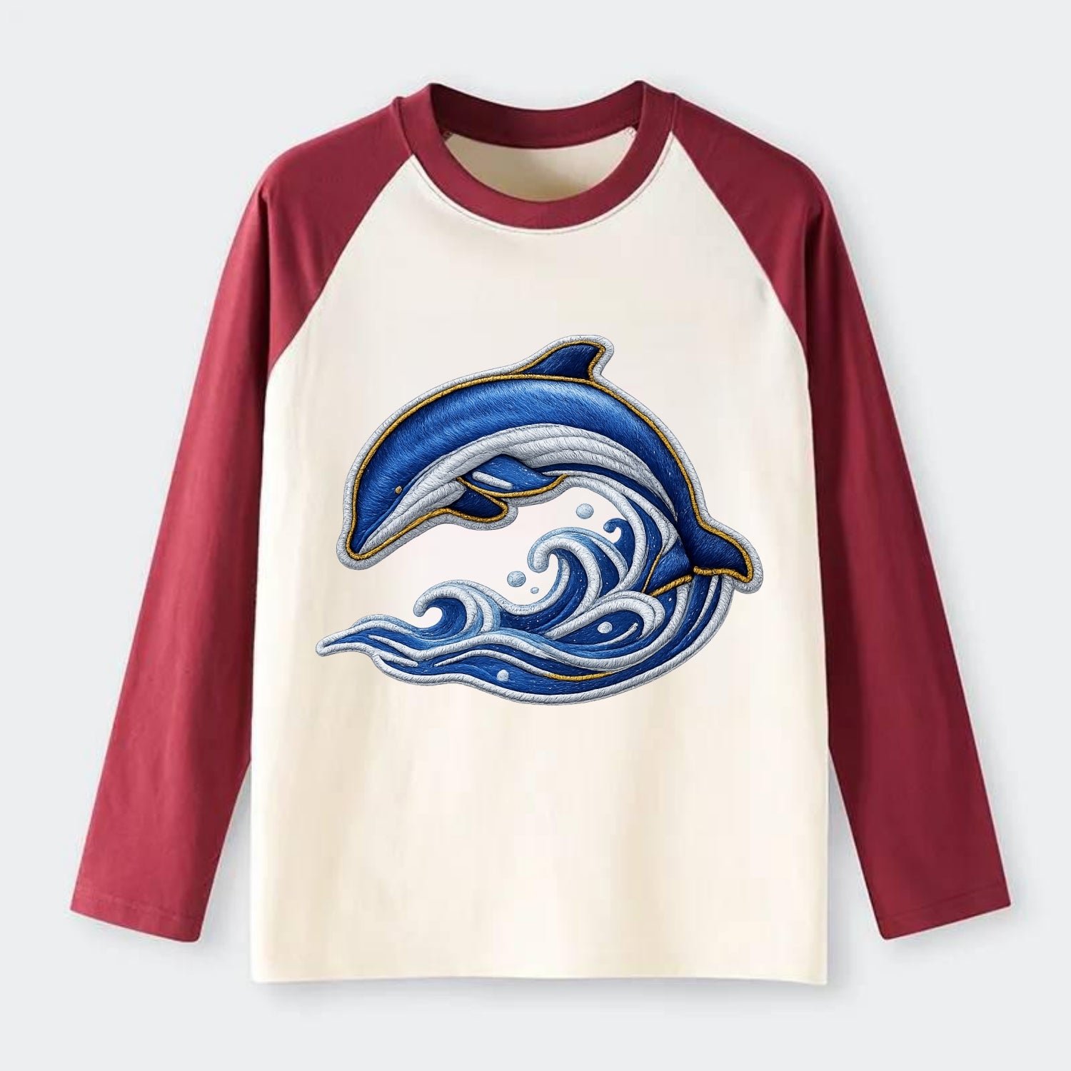 Embroidered patch design - SWIMMING DOLPHIN - diving dolphin with - Raglan Long Sleeve T-Shirt - Red