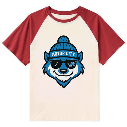 Motor City Wolverine wearing Lions beanie with gear patch and wayfarer - Contrast Raglan T-shirt - Red