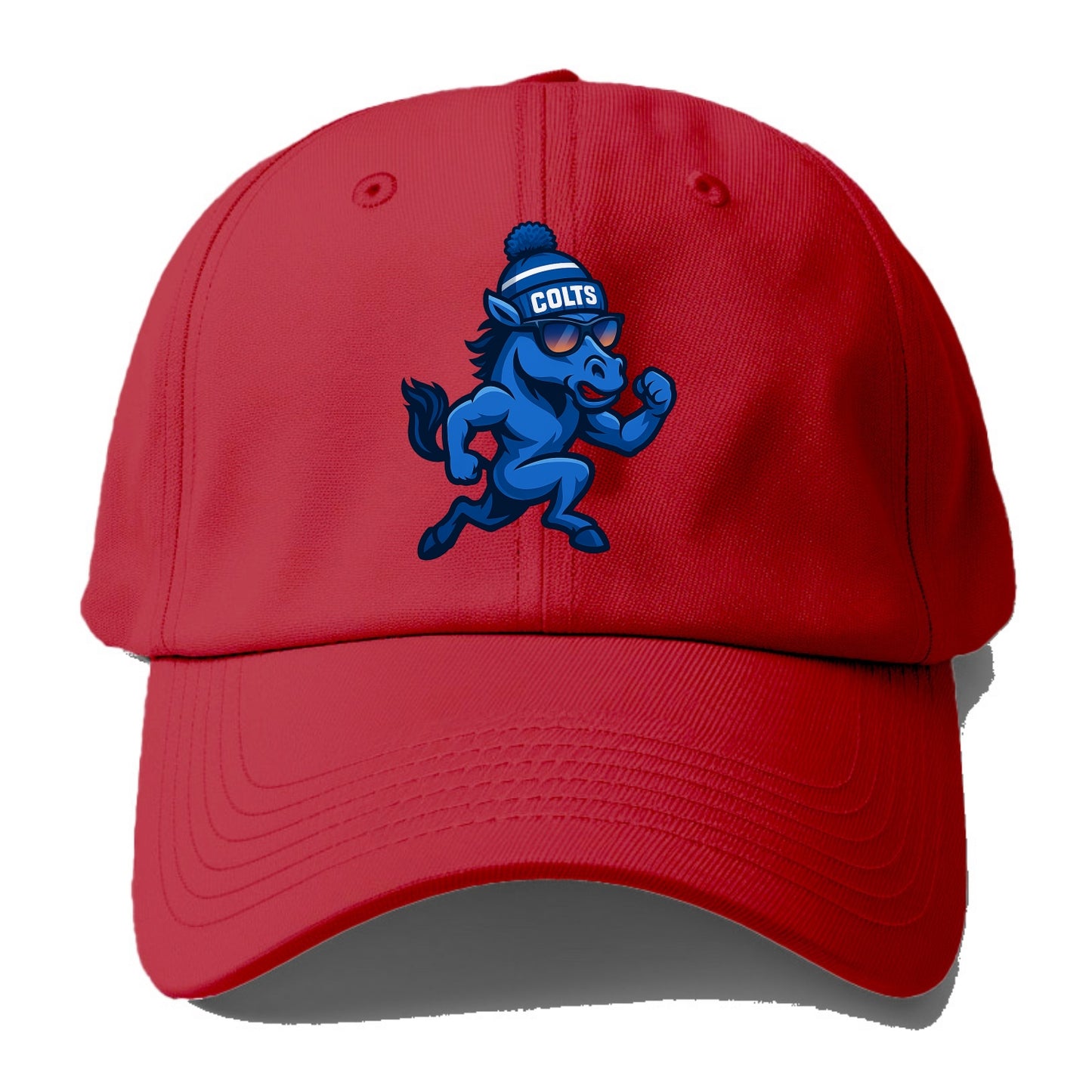 Indianapolis Colt Horse wearing Colts blue and white beanie with pom pom and - Baseball Cap - Red