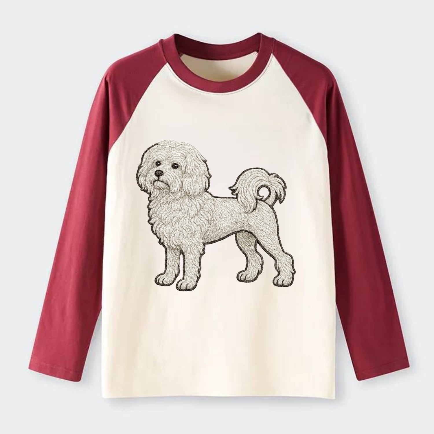 Löwchen - Little Lion Dog white embroidered pose - Raglan Long Sleeve T-Shirt - Red