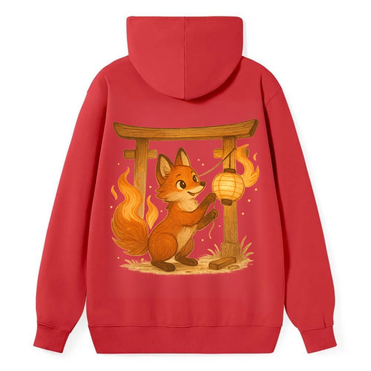 Foxfire kitsune stringing lanterns along a torii gate with tails of - Classic Pullover Hoodie - Red