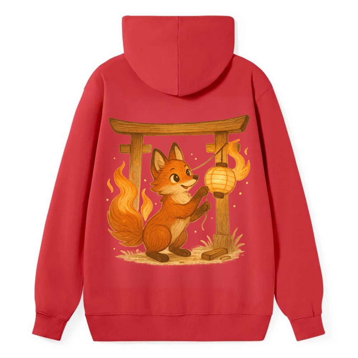 Foxfire kitsune stringing lanterns along a torii gate with tails of - Classic Pullover Hoodie - Red