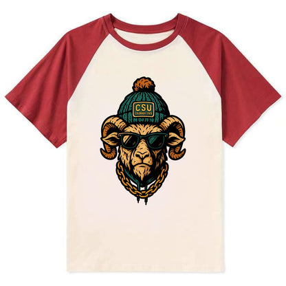 Fort Collins Ram wearing Colorado State beanie with CSU patch - Contrast Raglan T-shirt - Red