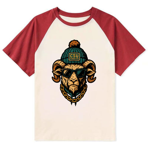 Fort Collins Ram wearing Colorado State beanie with CSU patch - Contrast Raglan T-shirt