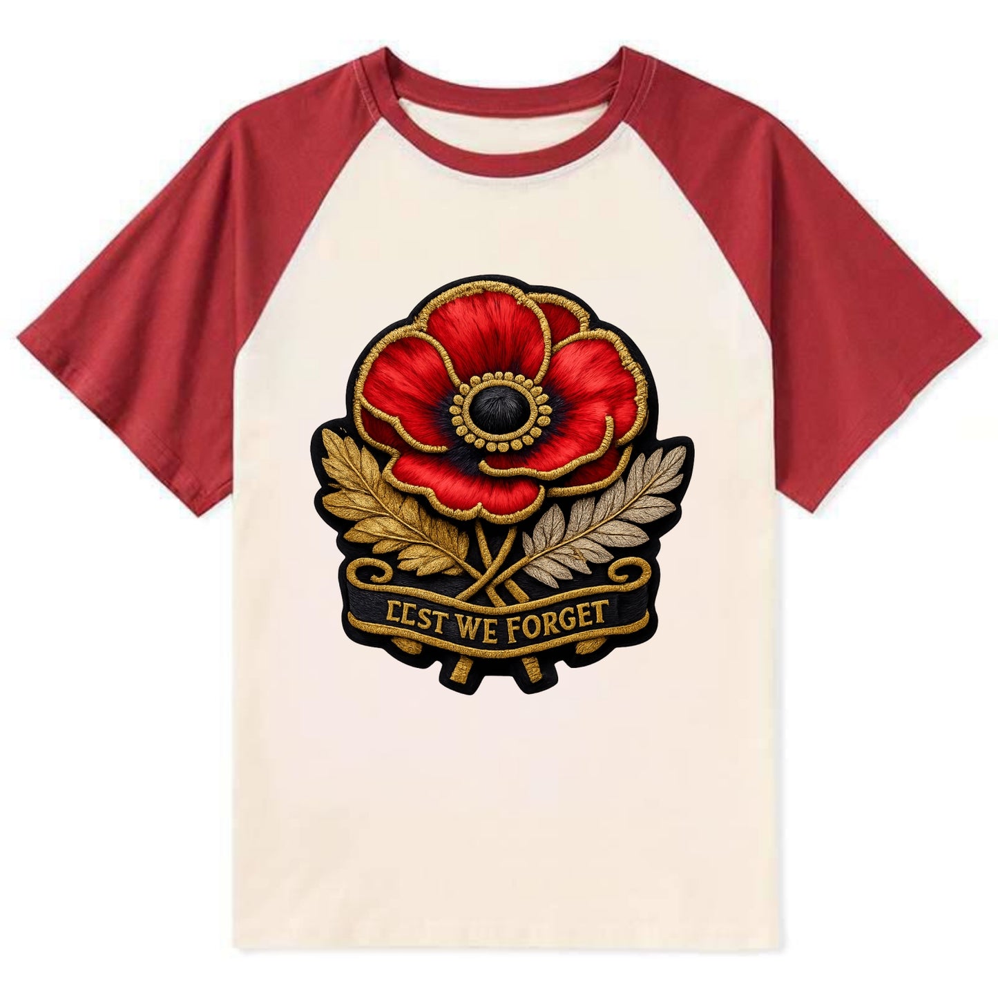 MEMORIAL POPPY - red poppy flower in scarlet , remembrance - Contrast Raglan T-shirt - Red