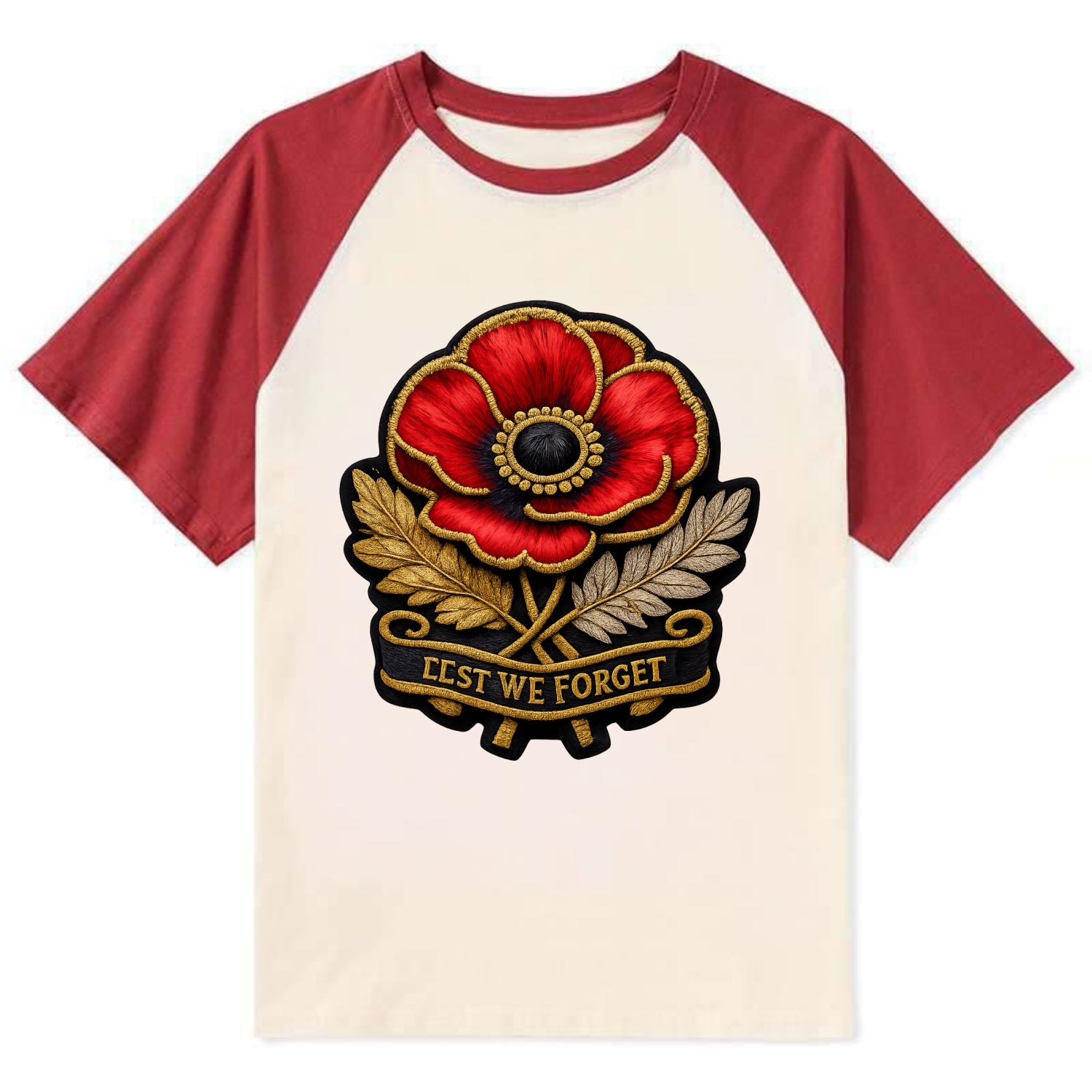 MEMORIAL POPPY - red poppy flower in scarlet , remembrance - Contrast Raglan T-shirt - Red