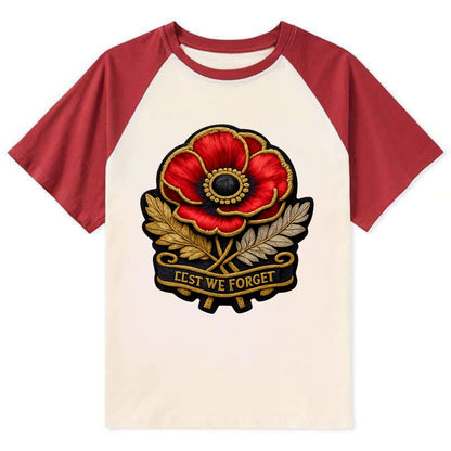 MEMORIAL POPPY - red poppy flower in scarlet , remembrance - Contrast Raglan T-shirt - Red