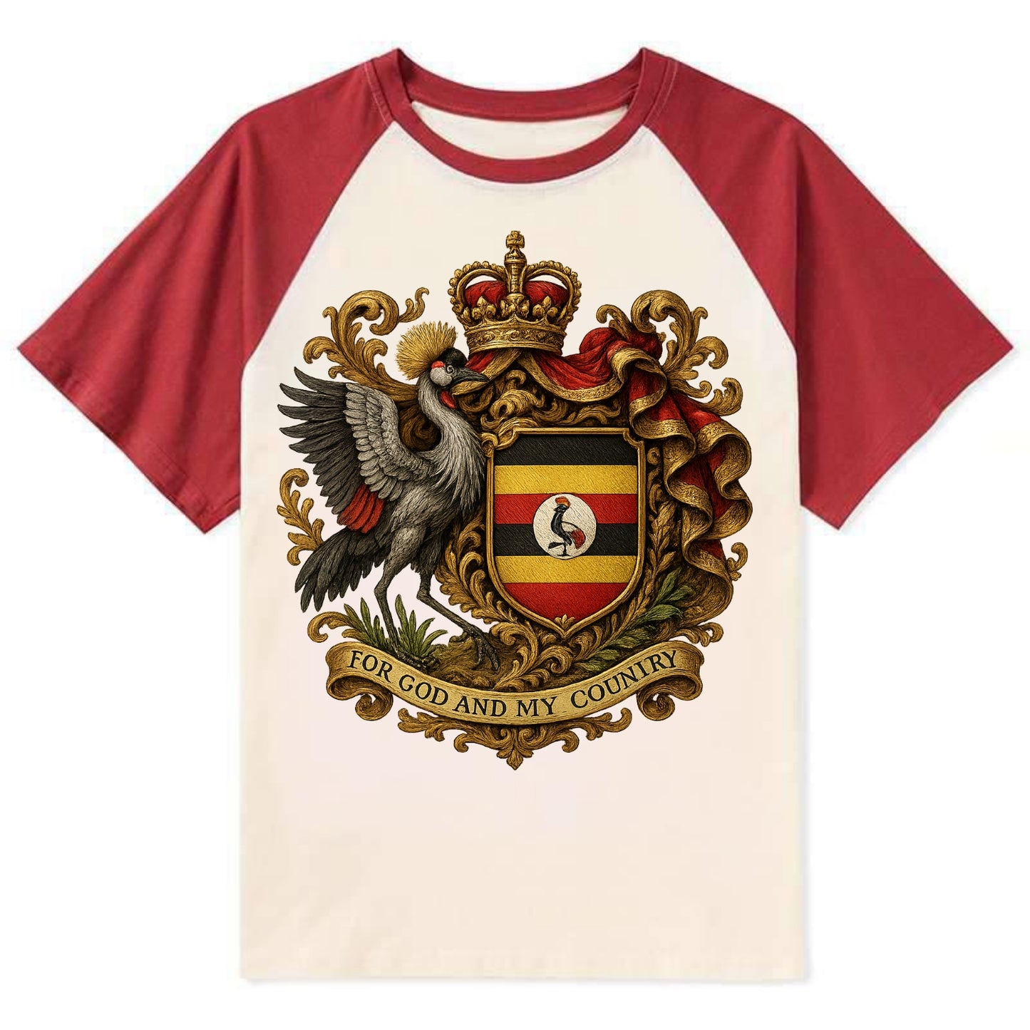 Uganda Crested Crane Emblem - Contrast Raglan T-shirt - Red