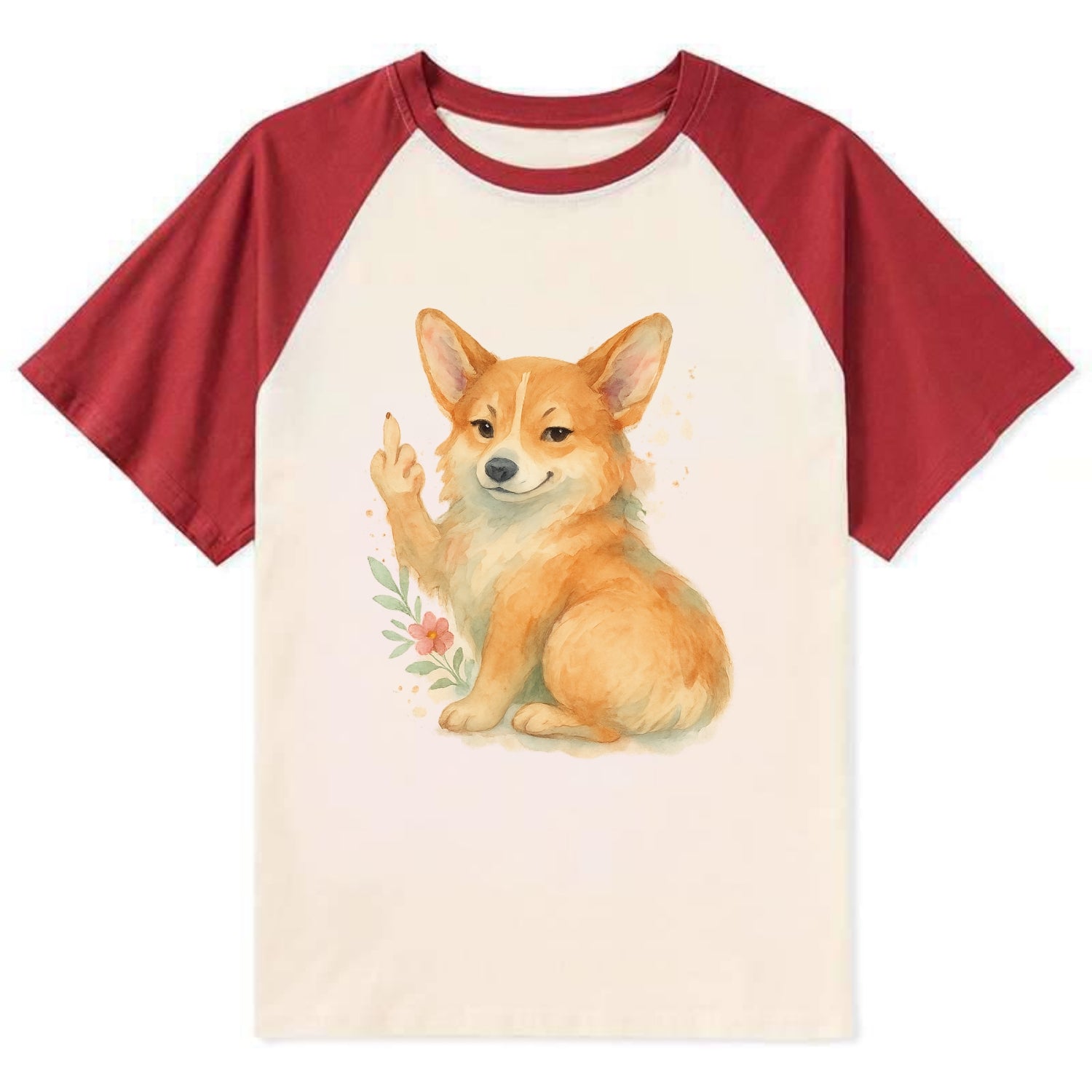 Corgi short legs and fluffy butt, one stubby paw up with sass - Contrast Raglan T-shirt - Red