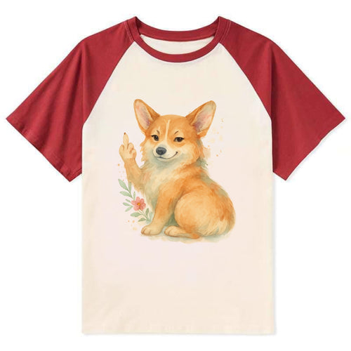 Corgi short legs and fluffy butt, one stubby paw up with sass - Contrast Raglan T-shirt