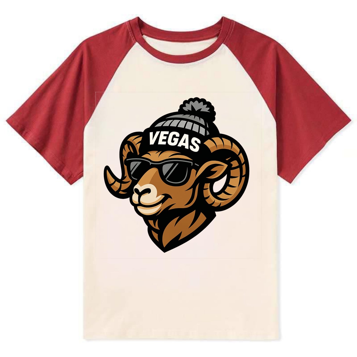 Vegas Desert Bighorn wearing Raiders silver and black beanie with pom pom - Contrast Raglan T-shirt - Red