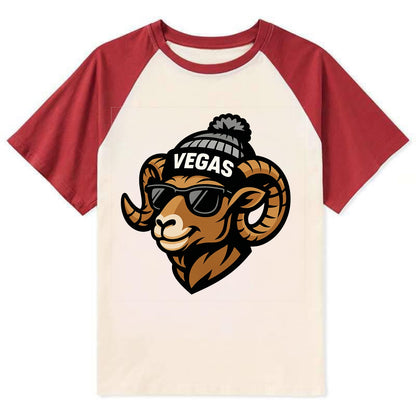 Vegas Desert Bighorn wearing Raiders silver and black beanie with pom pom - Contrast Raglan T-shirt - Red