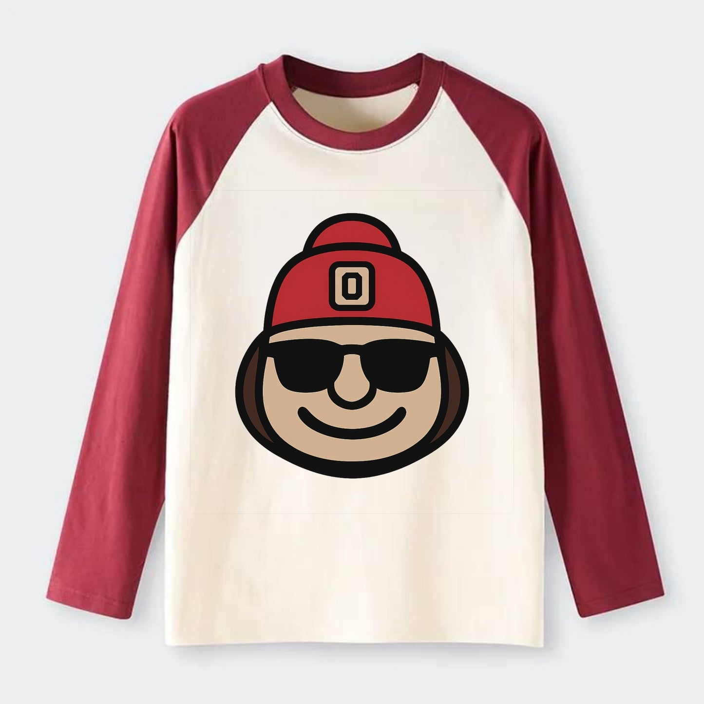 Columbus Brutus wearing Ohio State beanie with Block O patch - Raglan Long Sleeve T-Shirt - Red