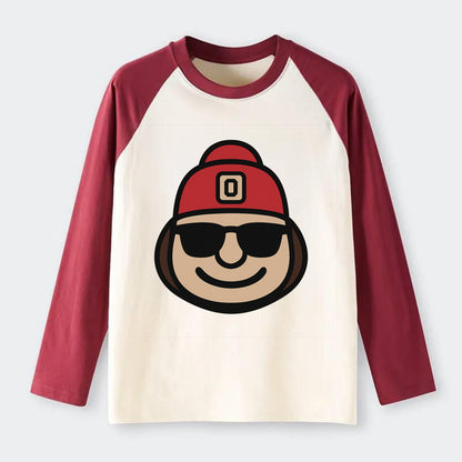 Columbus Brutus wearing Ohio State beanie with Block O patch - Raglan Long Sleeve T-Shirt - Red