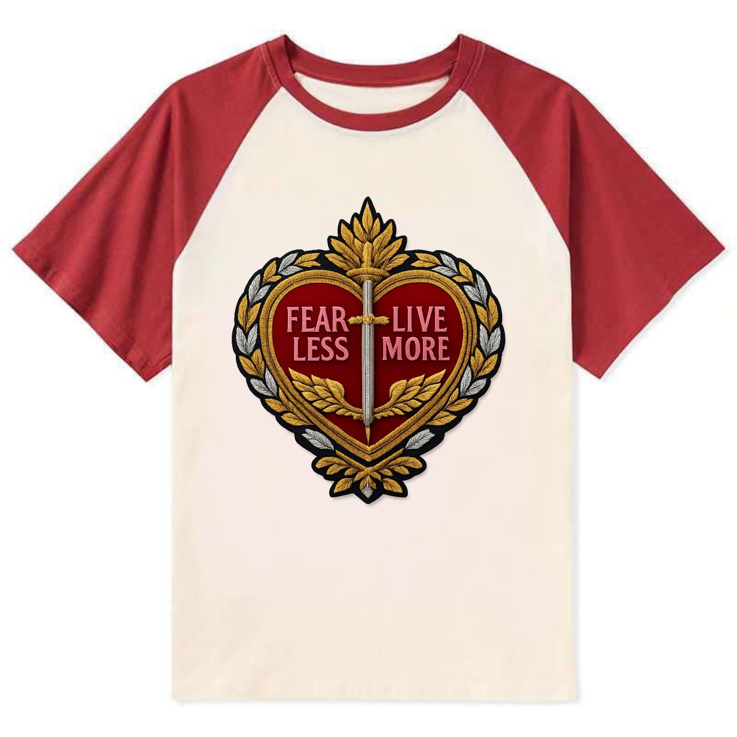FEAR LESS LIVE MORE - heart with text in red , courage - Contrast Raglan T-shirt - Red