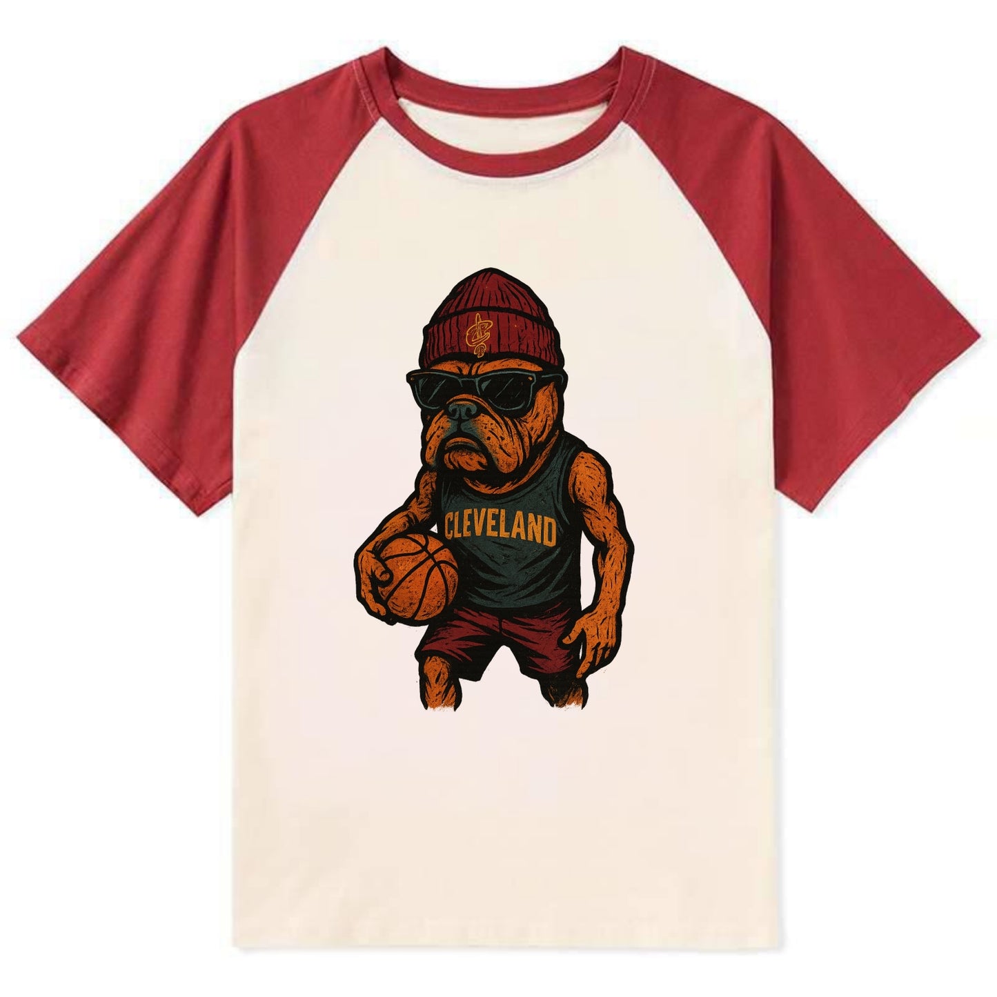 Cleveland Bulldog wearing Cavaliers wine and gold beanie with sword patch - Contrast Raglan T-shirt - Red