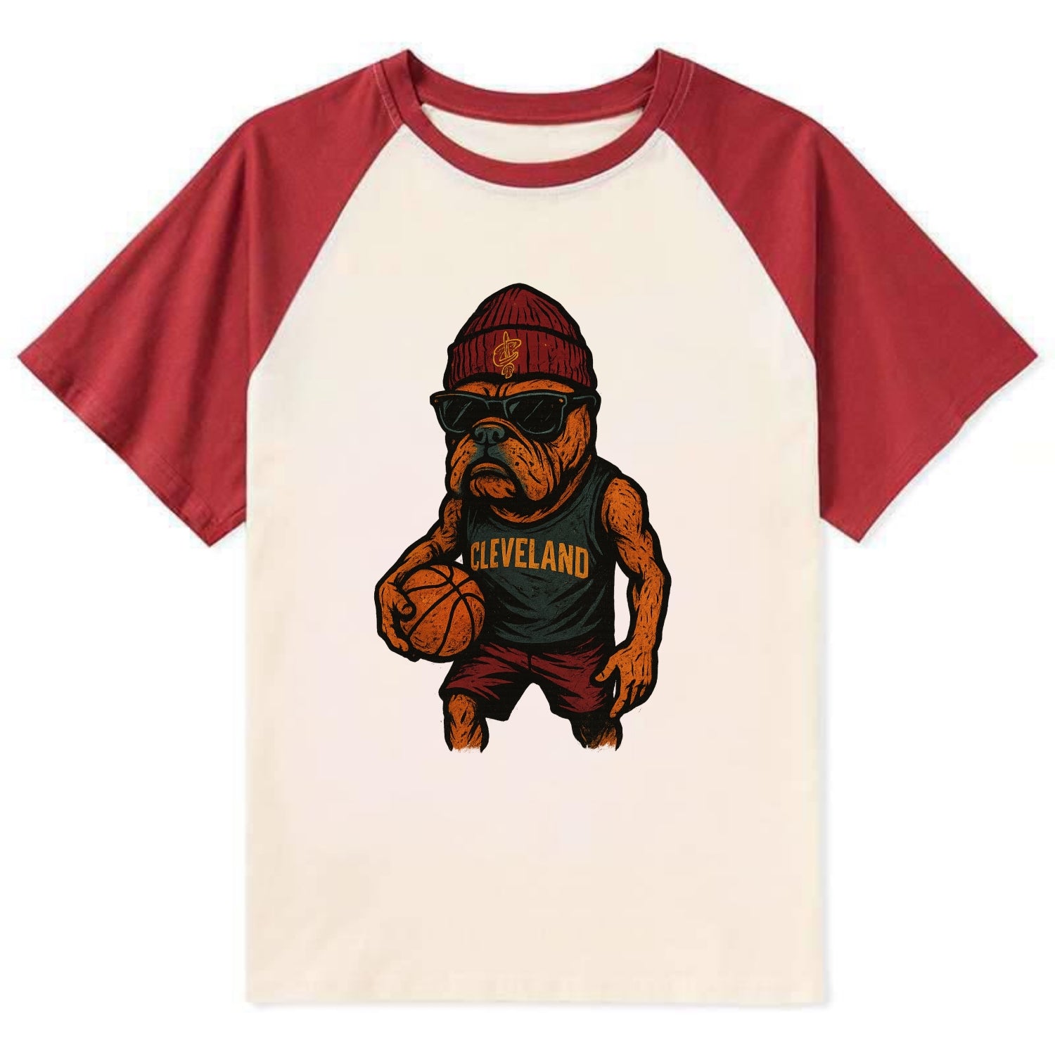 Cleveland Bulldog wearing Cavaliers wine and gold beanie with sword patch - Contrast Raglan T-shirt - Red