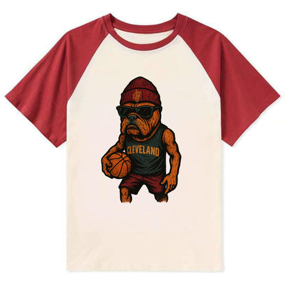Cleveland Bulldog wearing Cavaliers wine and gold beanie with sword patch - Contrast Raglan T-shirt - Red