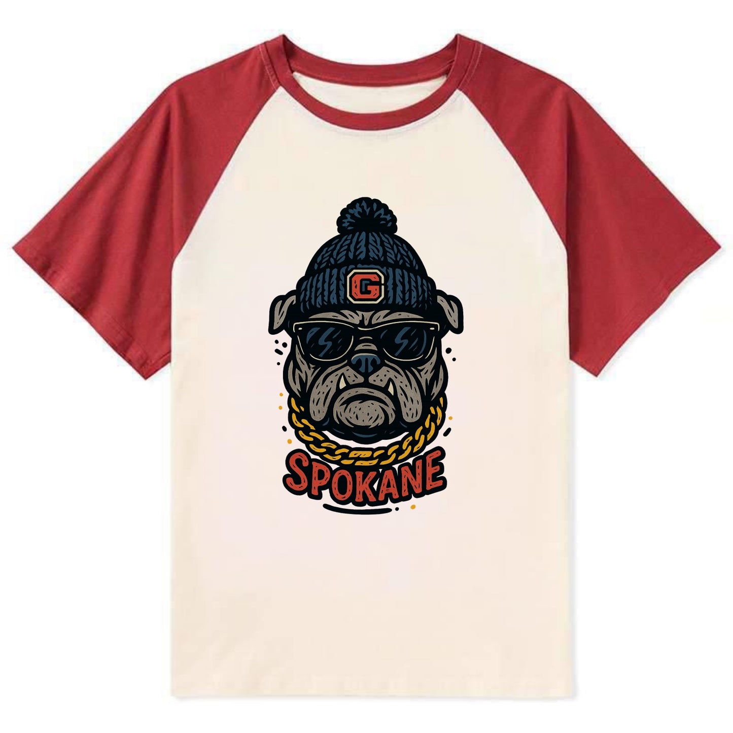 Spokane Bulldog wearing Gonzaga beanie with G patch - Contrast Raglan T-shirt - Red