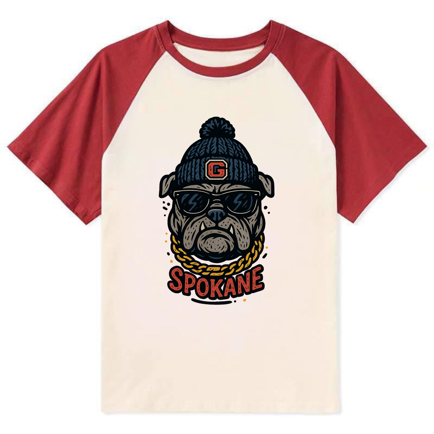 Spokane Bulldog wearing Gonzaga beanie with G patch - Contrast Raglan T-shirt - Red
