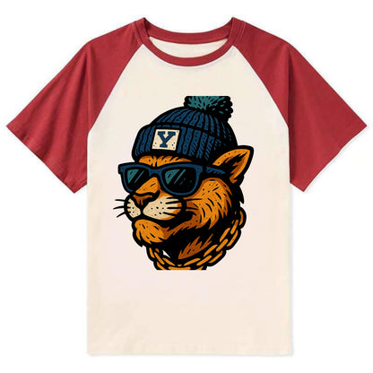 Provo Cougar wearing BYU beanie with Y patch - Contrast Raglan T-shirt - Red