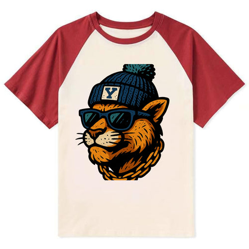 Provo Cougar wearing BYU beanie with Y patch - Contrast Raglan T-shirt