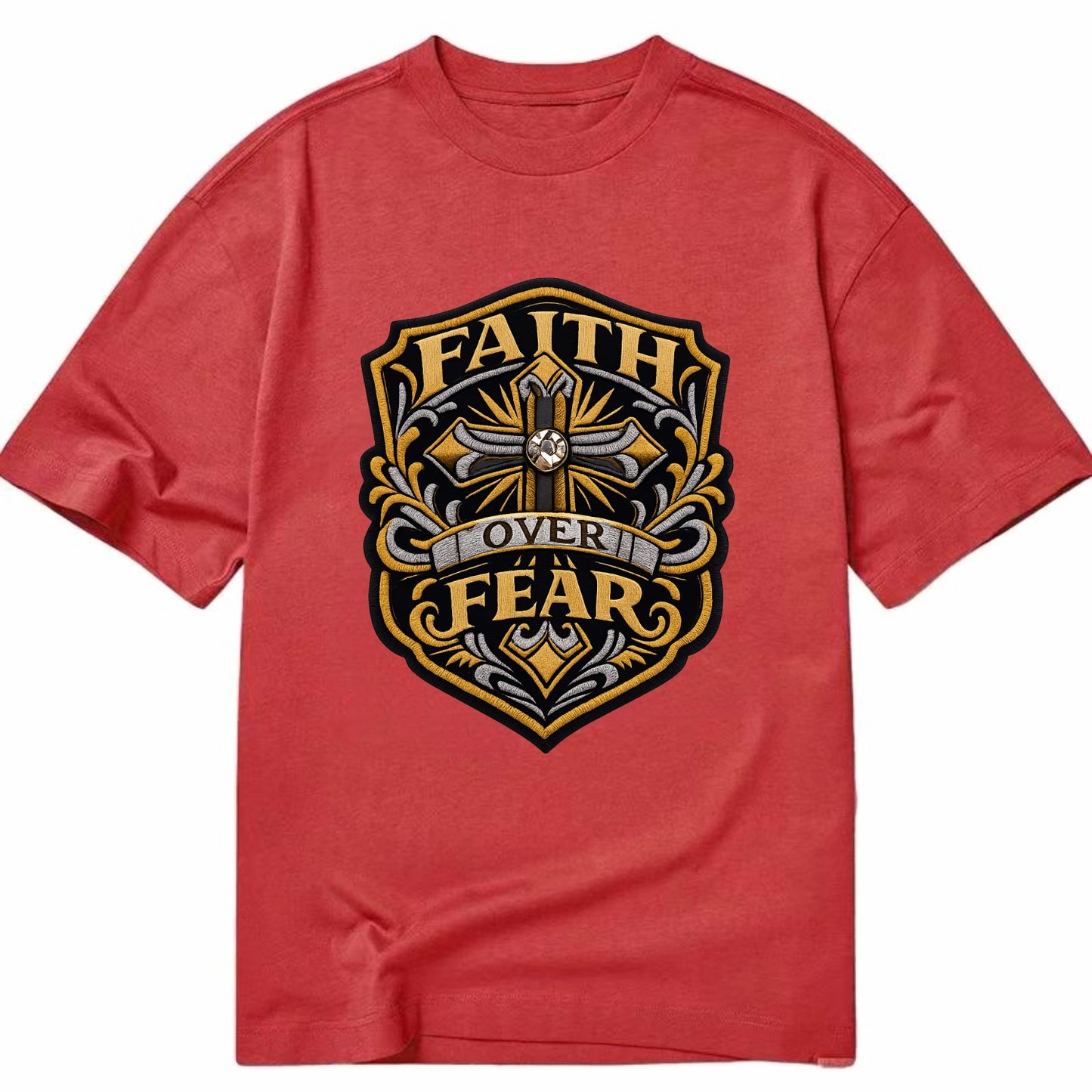FAITH OVER FEAR - cross with text in gold , spiritual strength - Classic T-shirt - Red