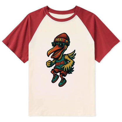 Miami Pelican wearing Heat beanie with sunset patch and wayfarer - Contrast Raglan T-shirt - Red