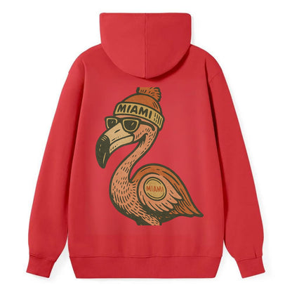 Miami Flamingo wearing Miami beanie with pom pom and wayfarer sunglasses - Classic Pullover Hoodie - Red