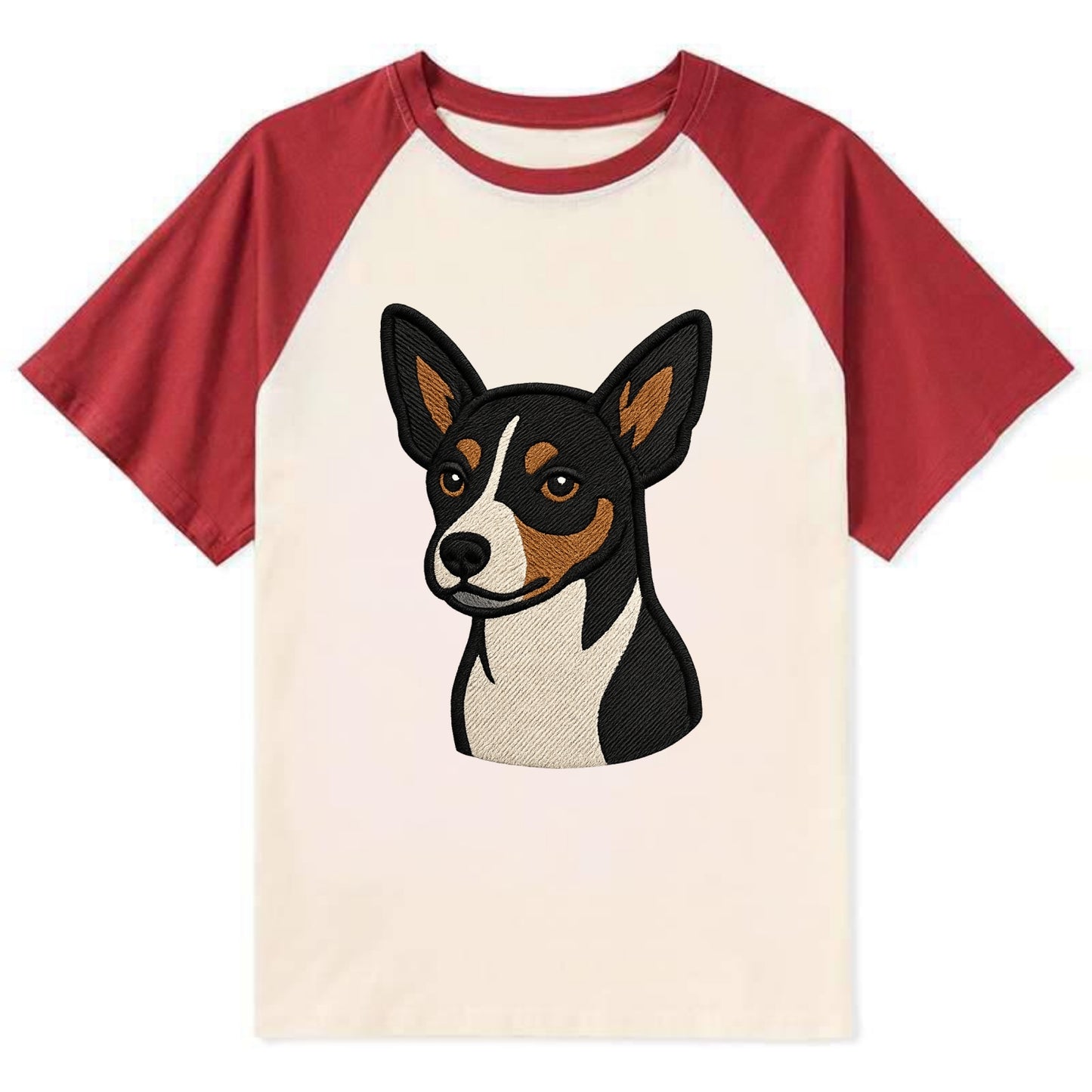 Rat Terrier - Tri-color embroidered pose - Contrast Raglan T-shirt - Red