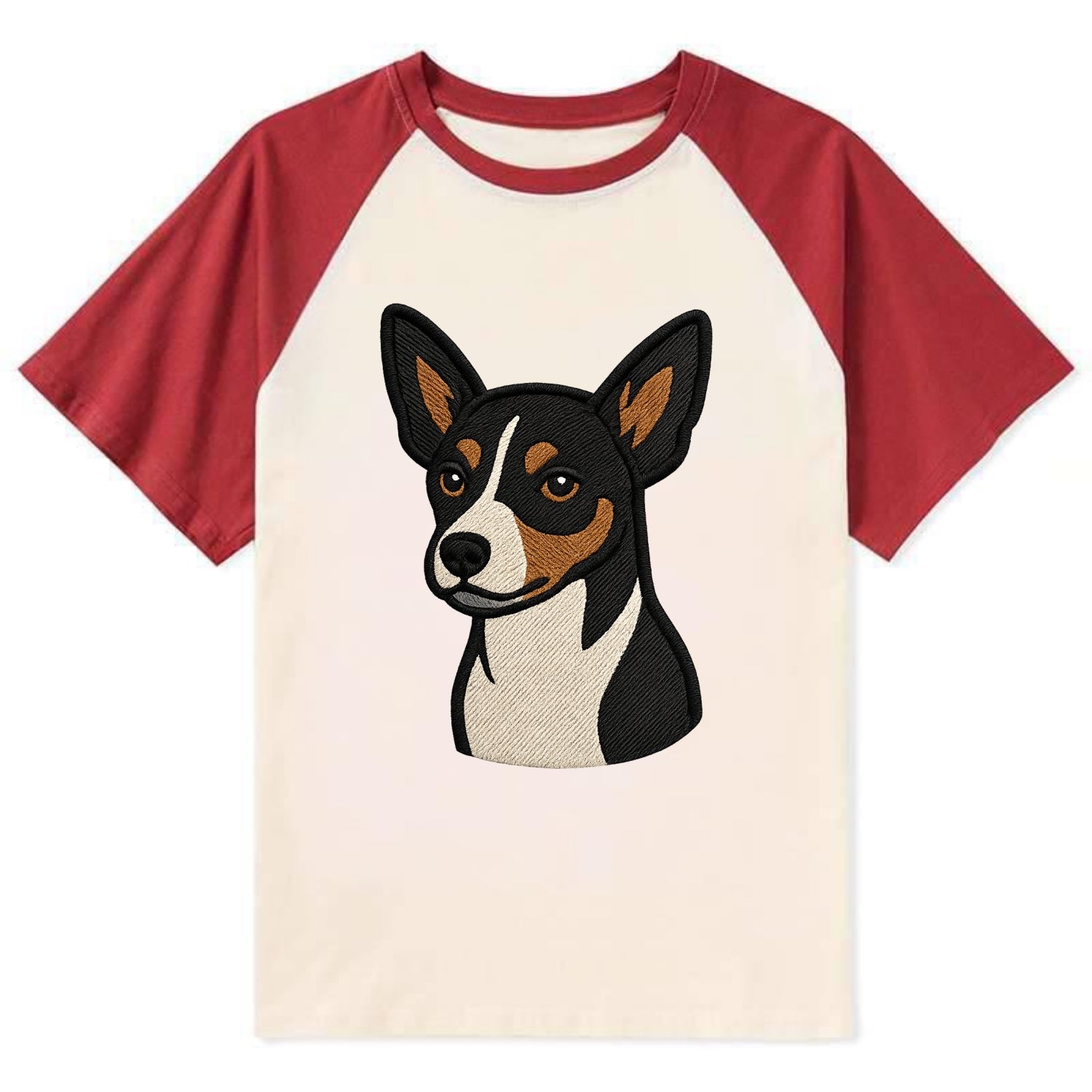 Rat Terrier - Tri-color embroidered pose - Contrast Raglan T-shirt - Red