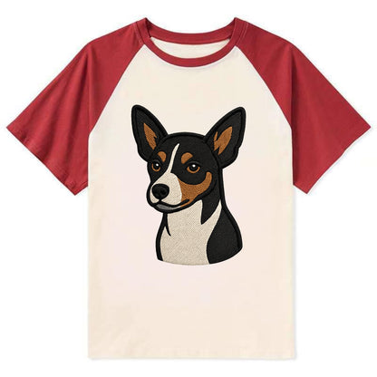 Rat Terrier - Tri-color embroidered pose - Contrast Raglan T-shirt - Red