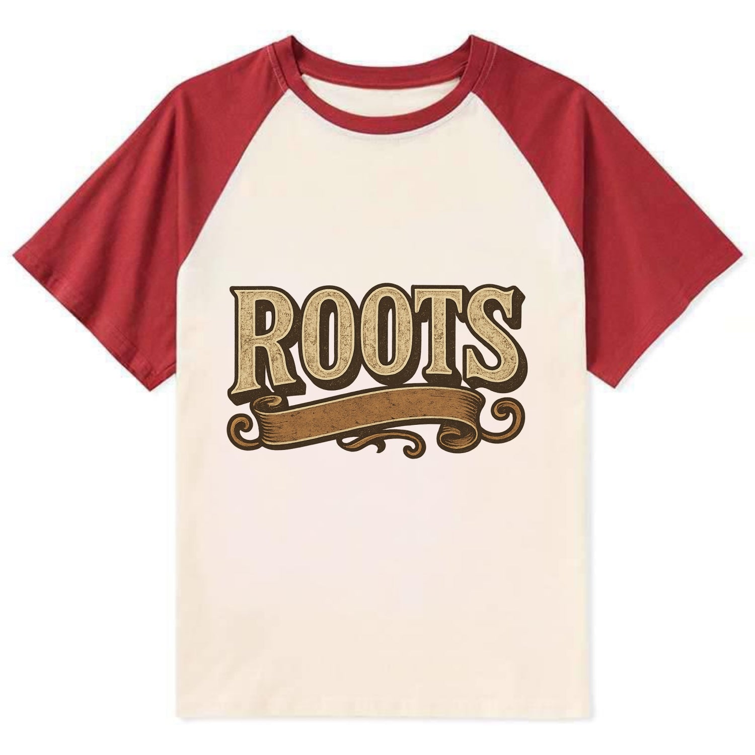 Bold typography design - "ROOTS" - where you come from, heritage - Contrast Raglan T-shirt - Red