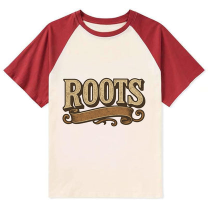 Bold typography design - "ROOTS" - where you come from, heritage - Contrast Raglan T-shirt - Red