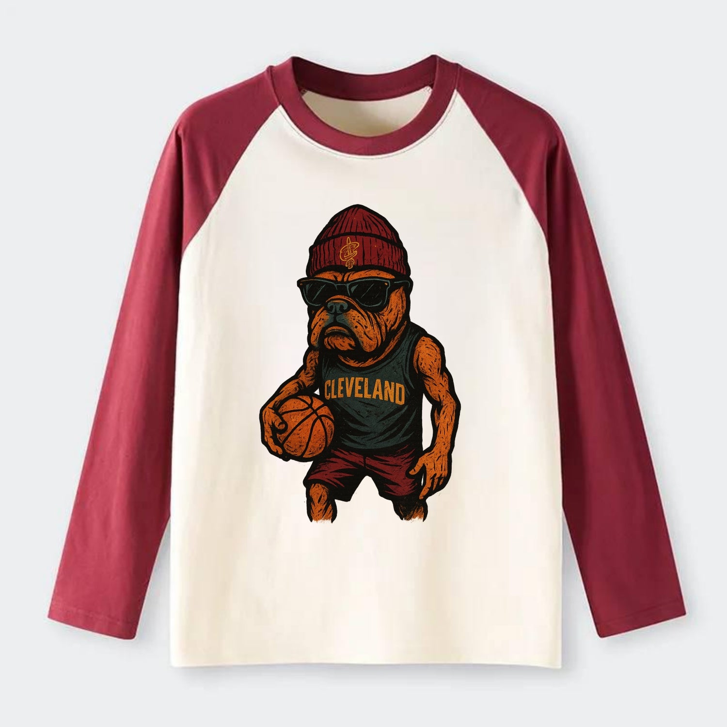 Cleveland Bulldog wearing Cavaliers wine and gold beanie with sword - Raglan Long Sleeve T-Shirt - Red