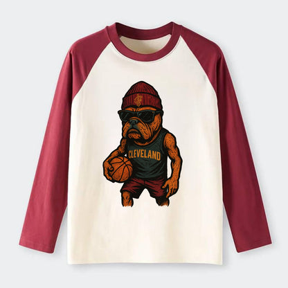 Cleveland Bulldog wearing Cavaliers wine and gold beanie with sword - Raglan Long Sleeve T-Shirt - Red