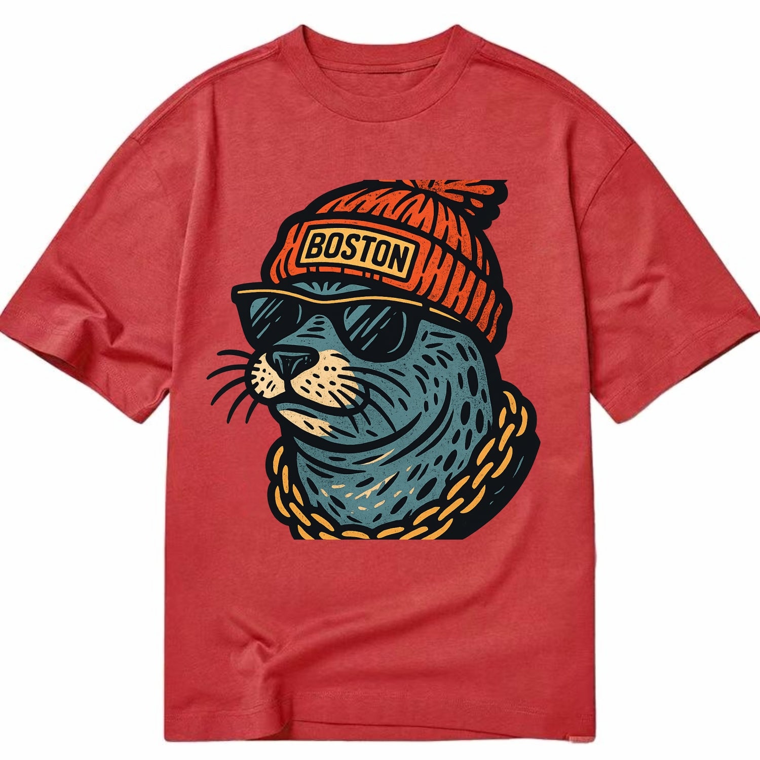 Boston Harbor Seal wearing Boston beanie with pom pom and wayfarer sunglasses - Classic T-shirt - Red