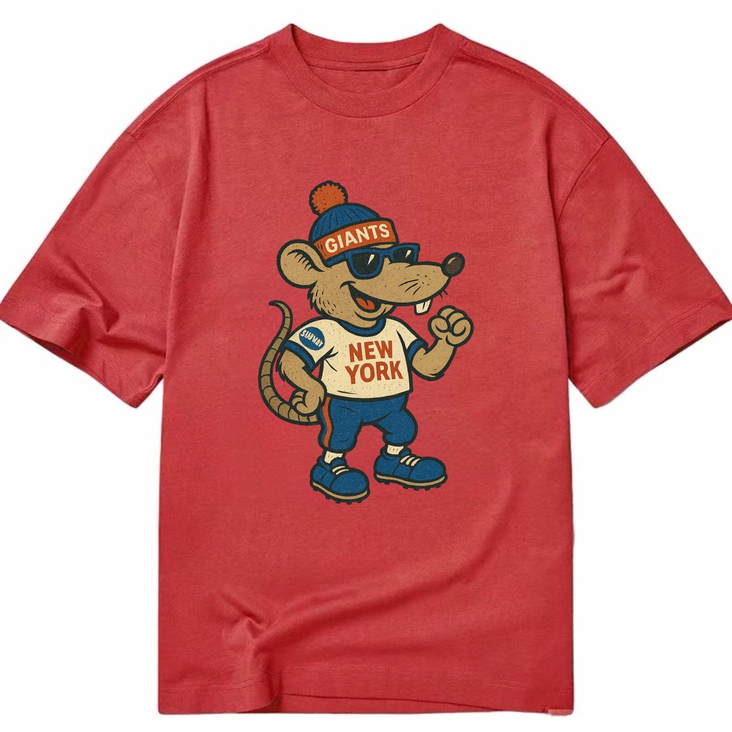 New York Rat wearing Giants beanie with subway patch and wayfarer sunglasses - Classic T-shirt - Red