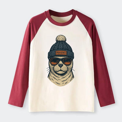 Rhode Island Harbor Seal wearing Providence beanie with pom pom and - Raglan Long Sleeve T-Shirt - Red