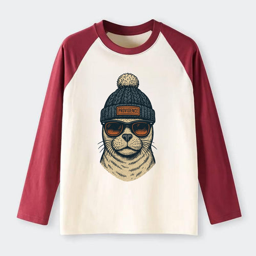 Rhode Island Harbor Seal wearing Providence beanie with pom pom and - Raglan Long Sleeve T-Shirt