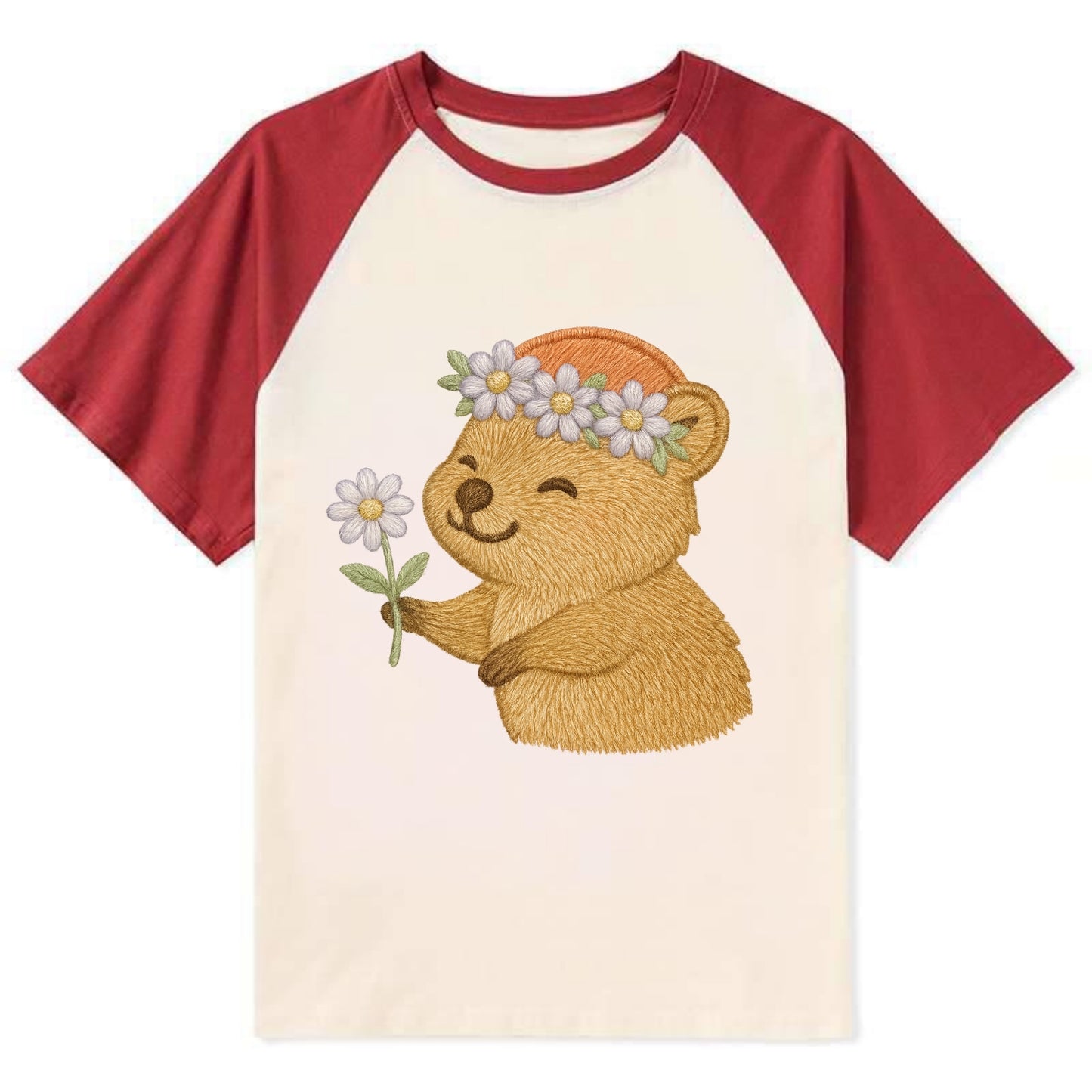Quokka Daisy Chain - Contrast Raglan T-shirt - Red