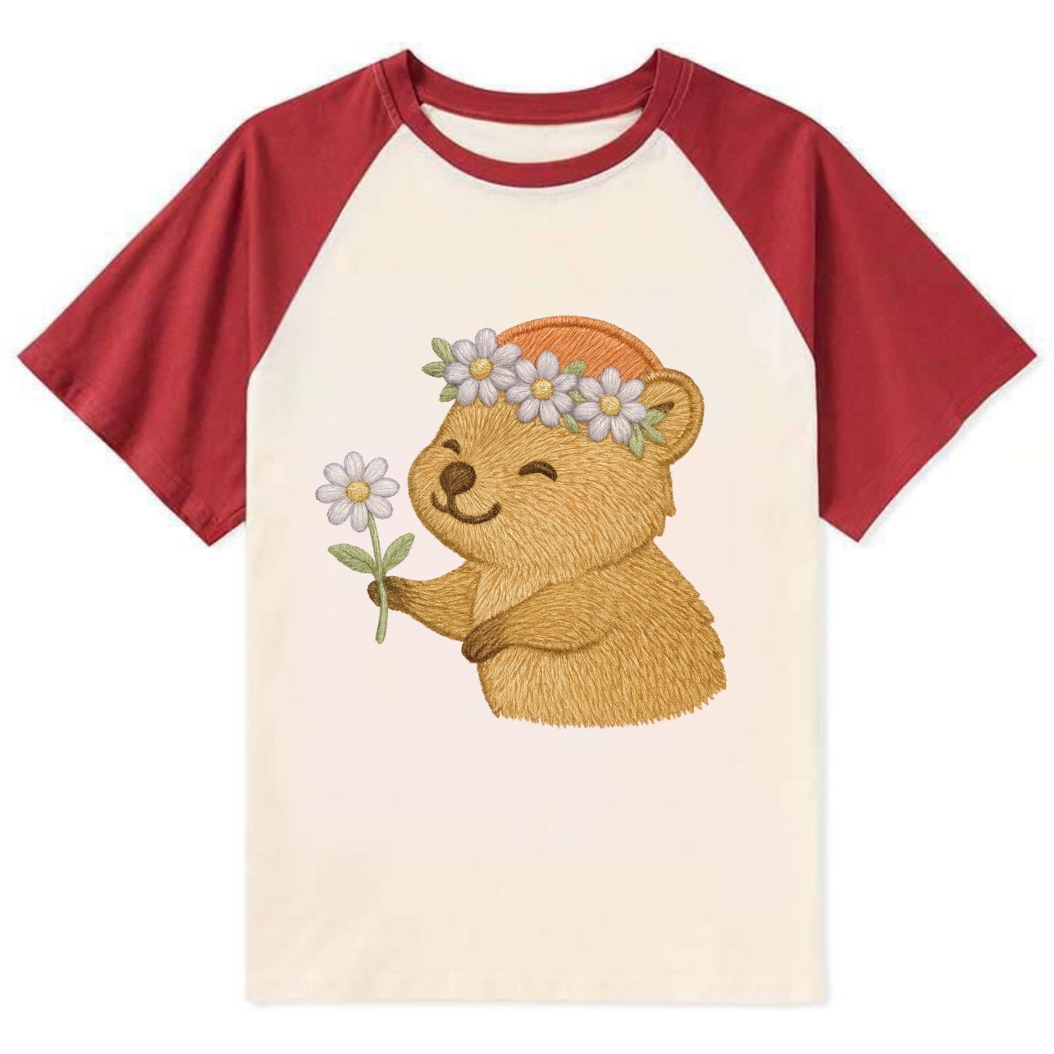 Quokka Daisy Chain - Contrast Raglan T-shirt - Red